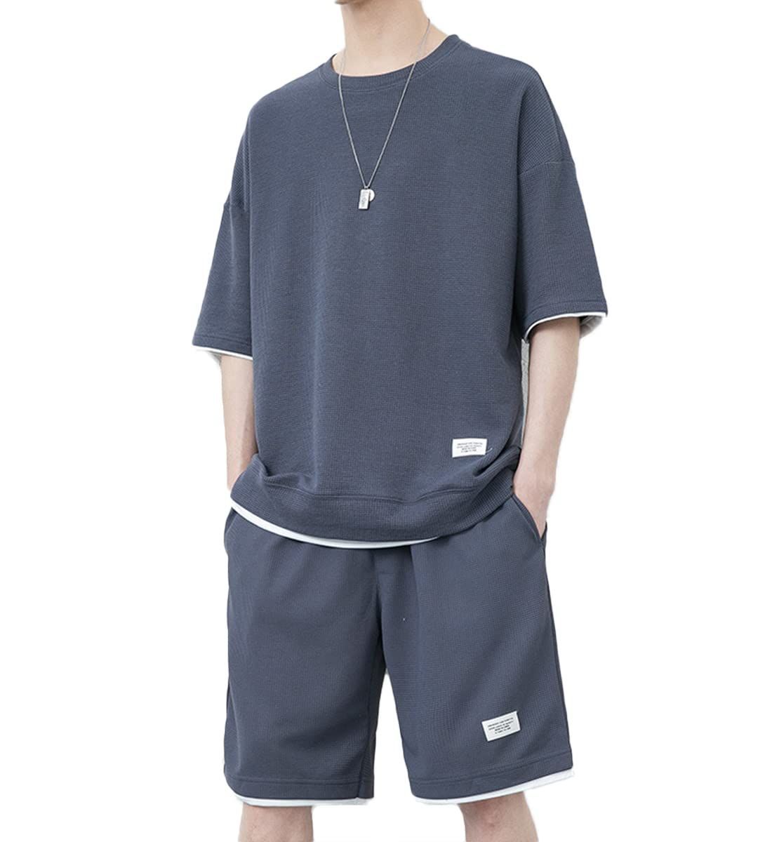 【新着商品】[Atkata] tシャツ メンズ 半袖 夏服 上下 セット ジャージ メンズ 上下 ハーフパンツ セットアップ メンズ ゆったり フェイク レイヤード