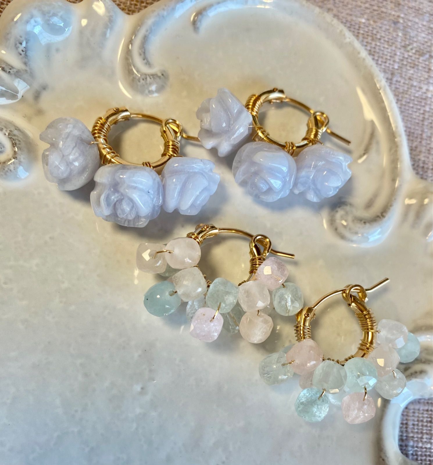 天然石 14kgf ブルーレース ローズ フープピアス アレルギー対応  