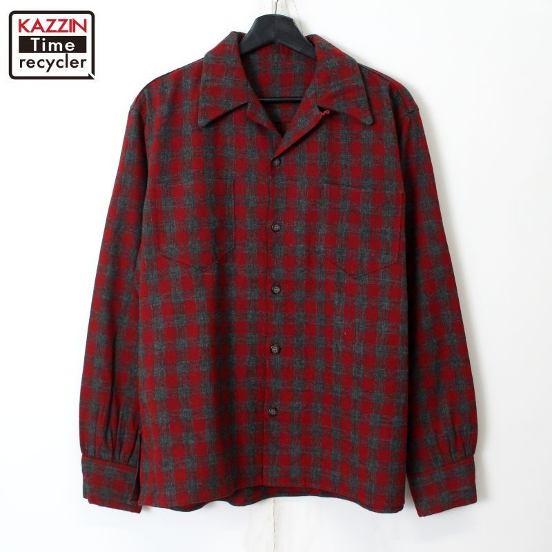 50s Guymont ひく チェック柄 オープンカラー 長袖シャツ
