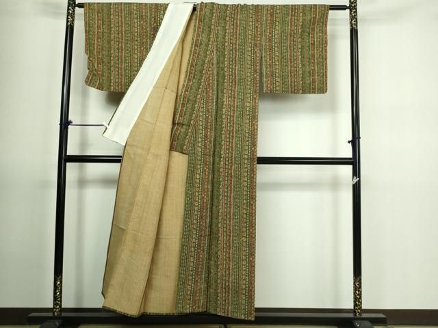 平和屋着物▽上質な紬 単衣 格子花唐草文 正絹 逸品 CAAV9441ze