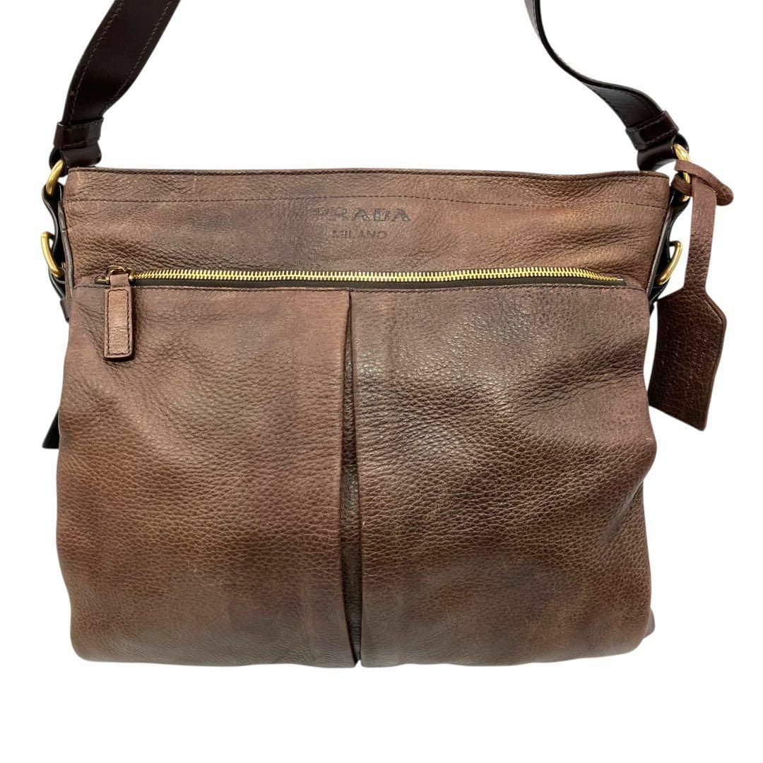2085 PRADA ショルダーバッグ オールレザー シボ革 ブラウン A4