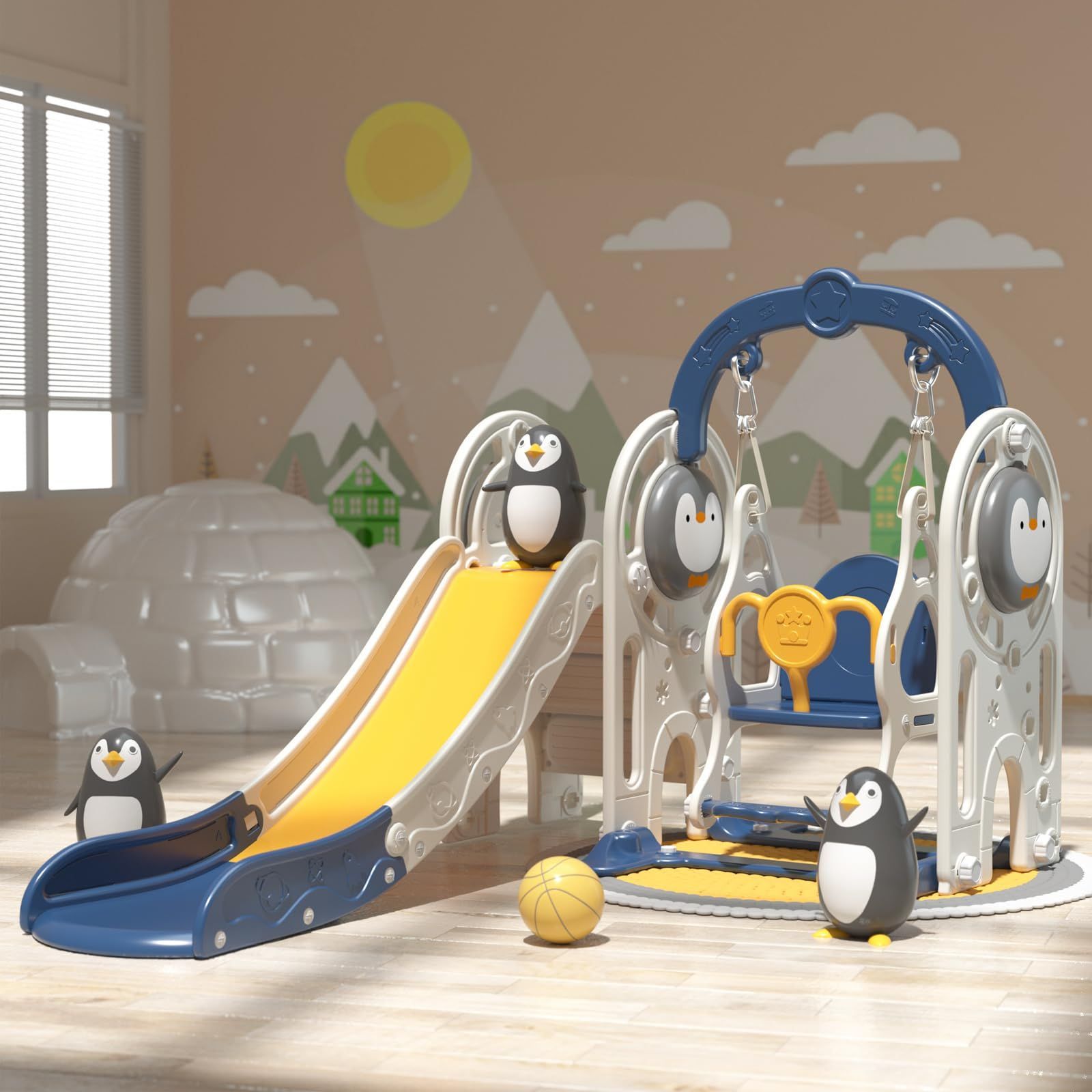 【新着商品】3in1 子どもすべり台とブランコセット ペンギン バスケットゴール、フリーステップ、スイング 室内遊具 耐荷重70KG 190CM大きい 頑丈 CHIIRAKU 幼児 2歳~ プレゼント 青い