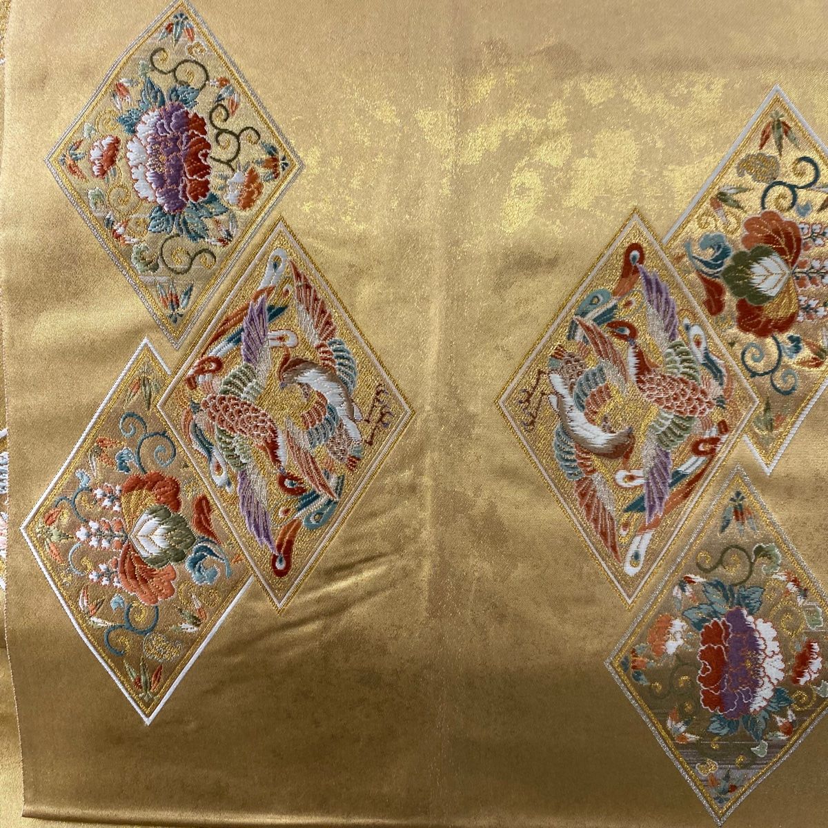 袋帯最高級正絹　本金箔押　花鳥柄花菱鴛鴦　金糸銀糸豪華刺繍 袋帯最高級正絹 本金箔押 花鳥柄花菱鴛鴦 金糸銀糸豪華刺繍
