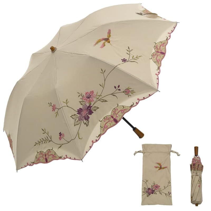 シノワズリーモダン 日傘 晴雨兼用 ショート折りたたみ 逃熱 かわず張り 1級遮光 遮熱 涼しい 花鳥 モカ2