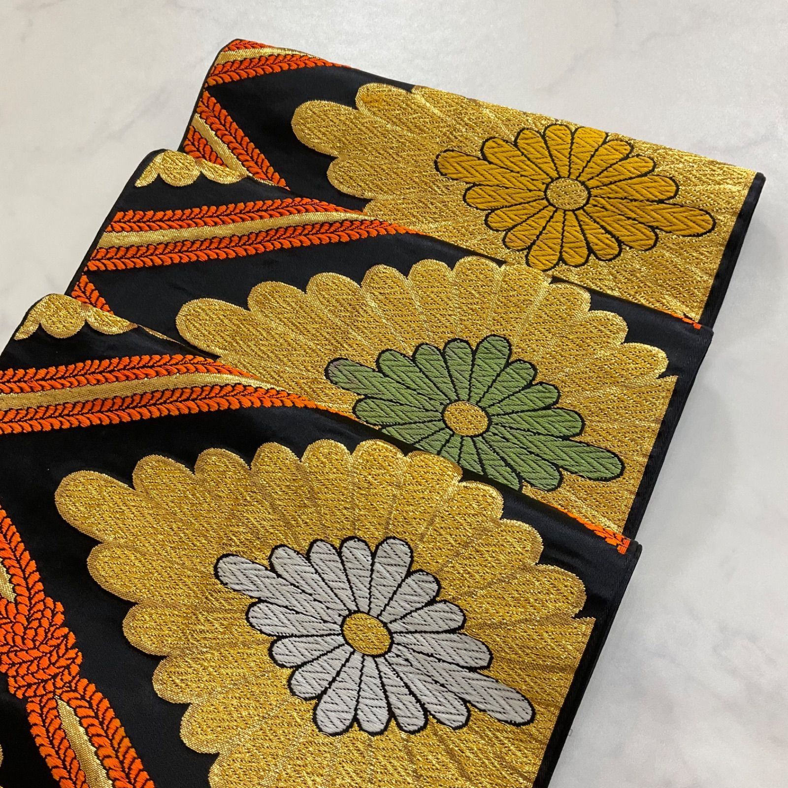 ◇kimono+one◇子供帯◇西陣織◇上質なふっくら唐織◇正絹◇全通柄◇菊