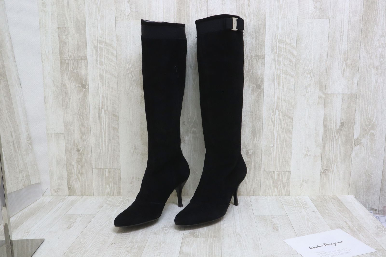 Salvatore Ferragamo サルバトーレフェラガモ ヴィラリボン スウェードレザー ロングヒールブーツ 7D ブラック 使用感あり