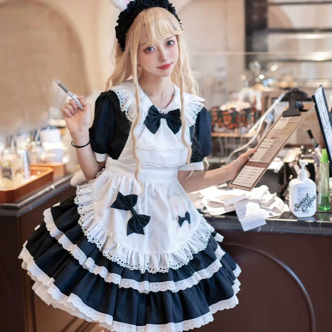 かわいいうさぎ耳カチューシャ付きひざ丈ワンピース普段着にもメイド風コーデにも 社交ダンスドレス ラテンダンス衣装 レッスンウェア ステージ衣装