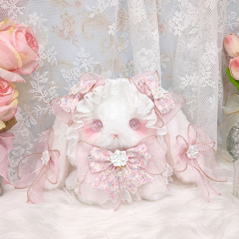 新品未使用 ロリータ垂れ耳ウサギ バッグ オリジナルデザイン 可愛い毛布製 ふわふわ リボン＆パール装飾 ハンドメイド 3WAY仕様 小包/ショルダー/リュック プレゼントにも最適