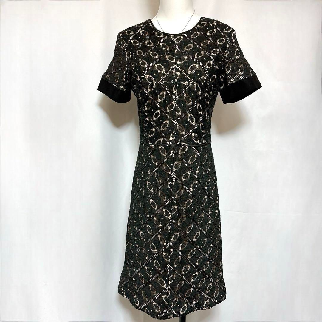 エムズグレイシーハート刺繍　半袖ひざ丈ワンピース 黒 黒 半袖 ひざ丈ワンピース エムズグレイシーハート刺繍 半袖ひざ丈