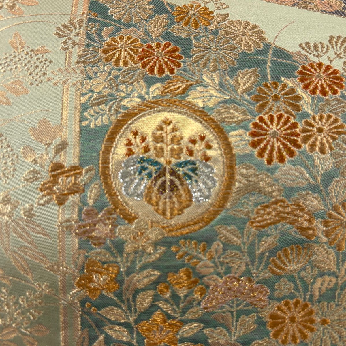 袋帯 秀品 桐 菊 金銀糸 箔 抹茶色 六通 正絹