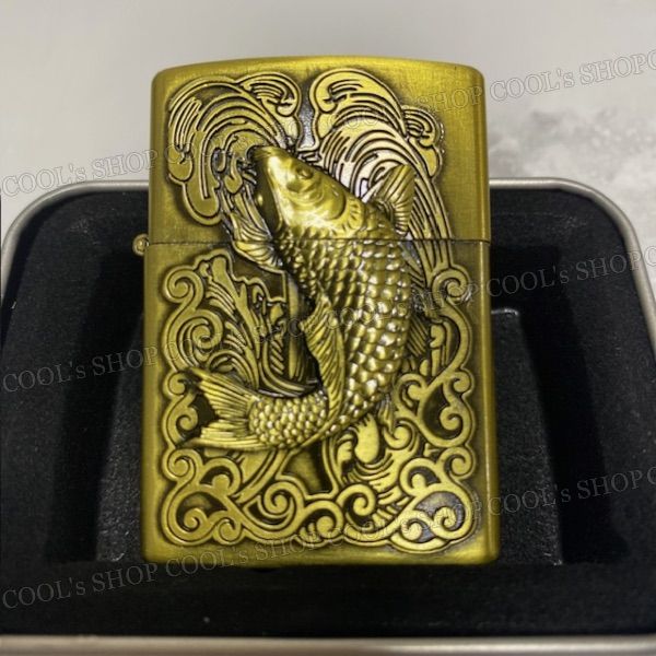 鯉 滝登り 立体加工 オイルライター JNGLIANG ゴールド Zippo