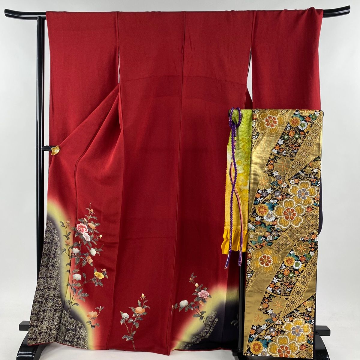 振袖 身丈170cm 裄丈68cm L 袷 袋帯フルセット 枝花 草花 刺繍 金彩 赤 正絹 秀品 【】