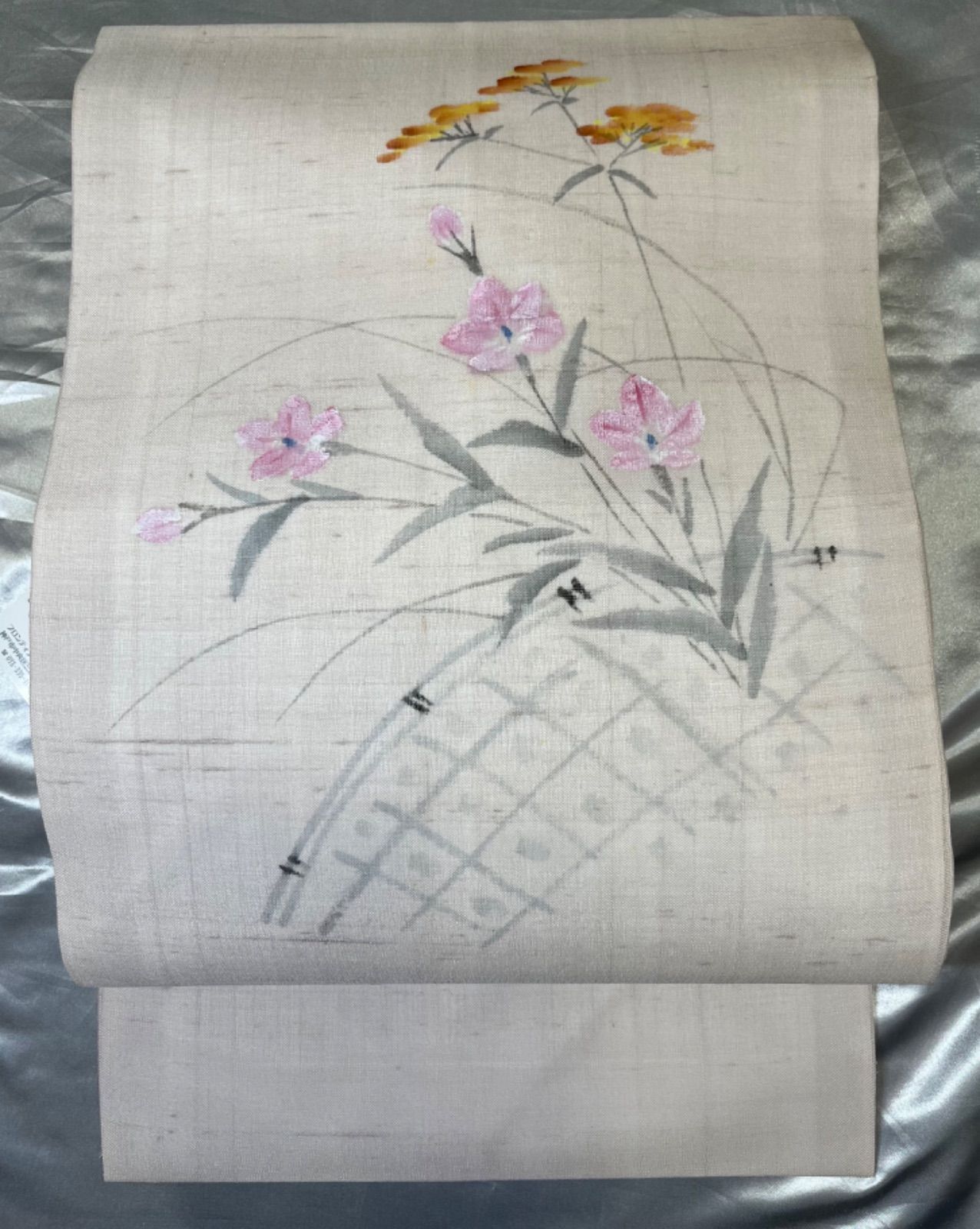 夏帯超豪華絢爛綺麗美品長さ382cm生成絹芭蕉オミナエシ名古屋(新品 