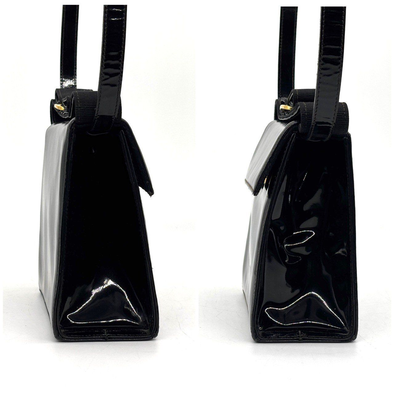 フェラガモ ヴァラ金具 2WAY エナメル ショルダーバッグ クラッチバッグ ブラック ゴールドカラー金具【001】 オンオフ華やぐ艶ブラック Salvatore Ferragamo フェラガモ