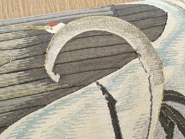 a666 正絹 明綴れ　刺繍　鶴　お太鼓柄袋帯 金糸 着物 平和屋着物＊夏物 明綴れ 太鼓柄袋帯 群鶴 金銀糸 正絹 逸品