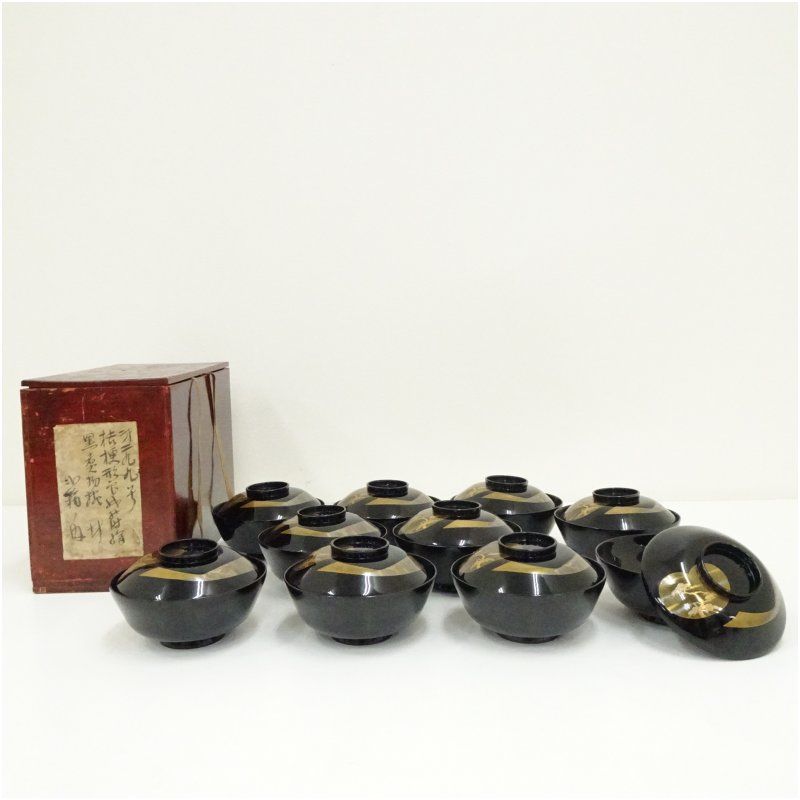 根引き松蒔絵吸い物椀10 㐂斎造 松唐草蒔絵吸物椀10客 - kaji's antiques 梶 古美術