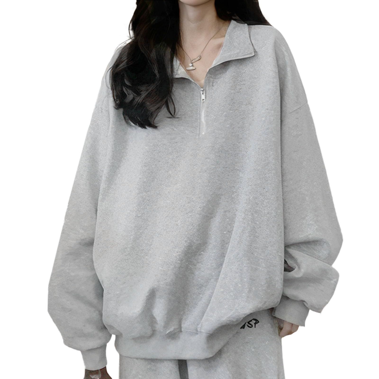 【人気商品】長袖トレーナー 無地 カットソー プルオーバー vネック ロンT トップス お洒落 ハーフジップ パーカー 薄手 カジュアル 襟付き 大きいサイズ スウェット 着せ レディース 体型カ