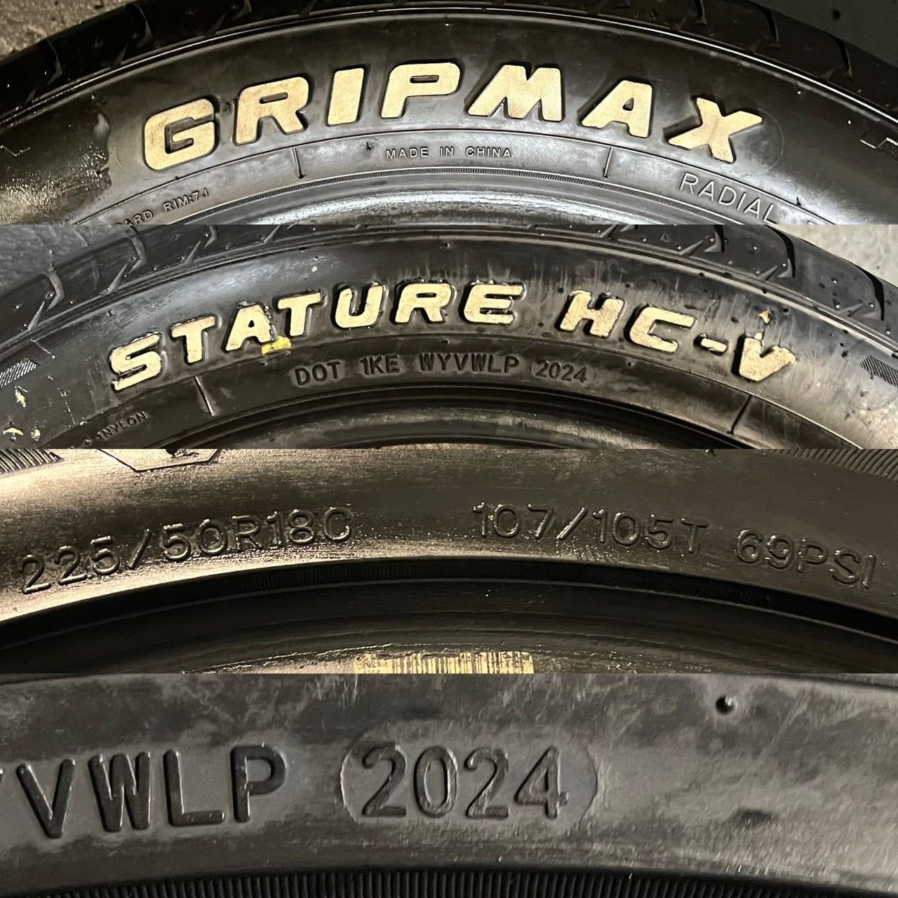 製 約9.1〜9.2分山 GRIPMAX STATURE HC-V 225 50R18C 107 105T 4本 ホワイトレター h_447 TRITUETUBI_COM