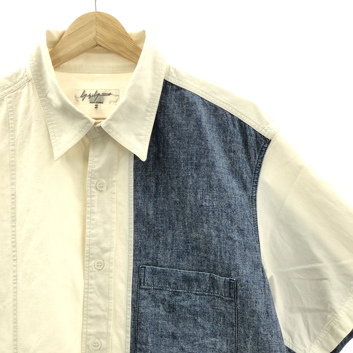 YOHJI YAMAMOTO POUR HOMME ヨウジヤマモトプールオム 2015SS デニム切替 パッチワーク 半袖シャツ 2 ホワイト インディゴ メンズ
