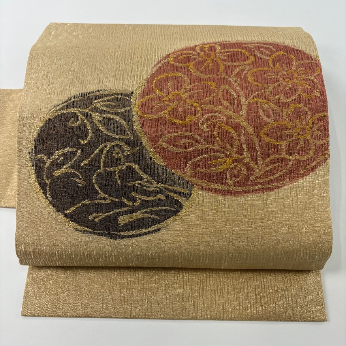 名古屋帯 秀品 草花 鳥 金糸 薄茶色 正絹