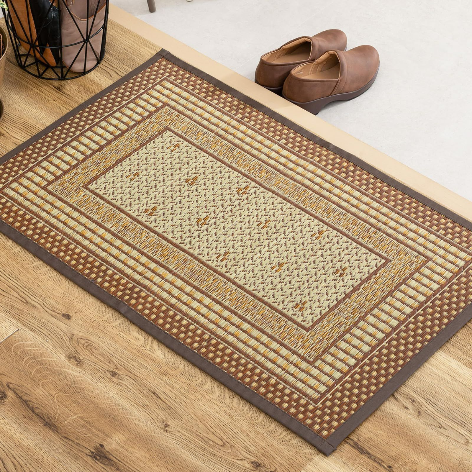 屋内 約70×120cm ブラウン エルモード 滑り止め付き 裏貼り 玄関マット い草 国産 萩原