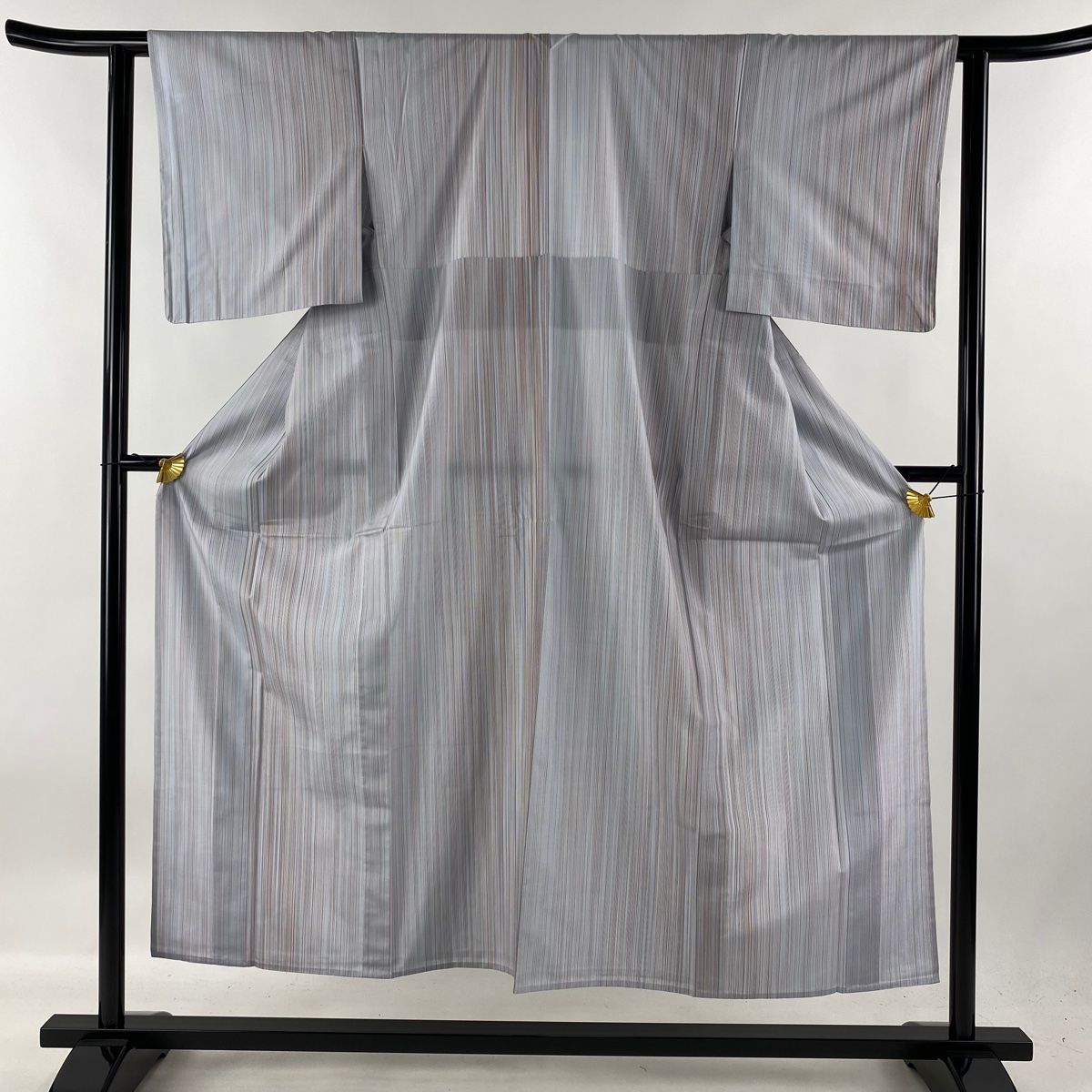 紬 身丈152.5cm 裄丈61.5cm S 単衣 京塩澤絣 証紙 縦縞 青灰色 正絹 名品