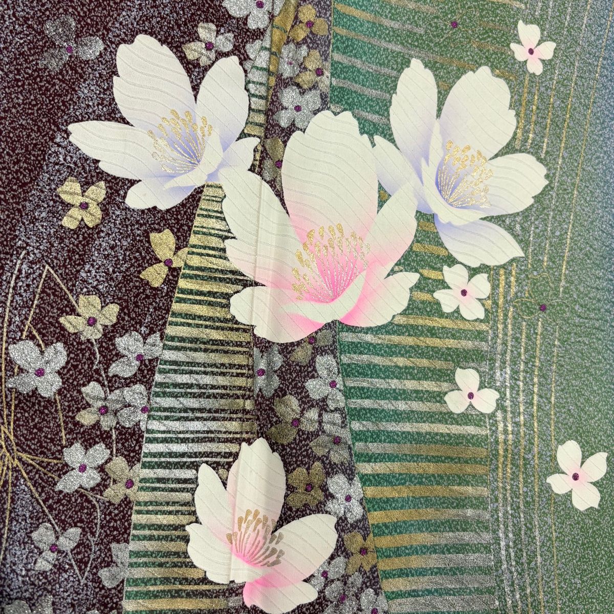 振袖 身丈162.5cm 裄丈63.5cm S 袷 花 蝶 金銀彩 ラメ 灰紫 正絹