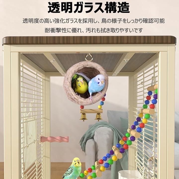 QD-WST 鳥かご 鳥ケージ バードケージ インコ ガラス 透明 33.8x36.3x61.5cm 鳥小屋 エサ入れ付き 自在キャスター トレイ付き セキセイ 文鳥 グレー
