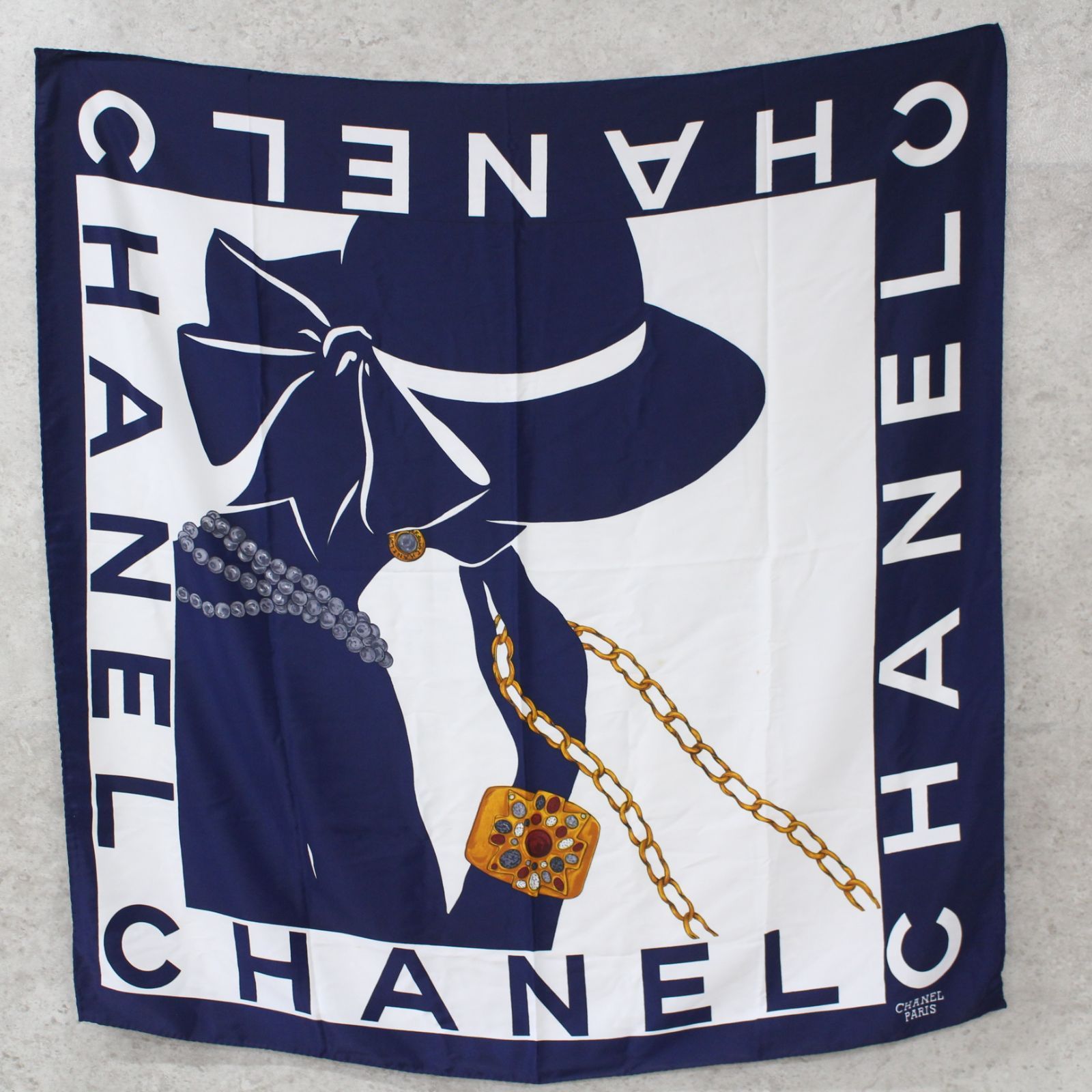 S058)CHANEL/シャネル スカーフ シルク 大判 貴婦人 ネイビー