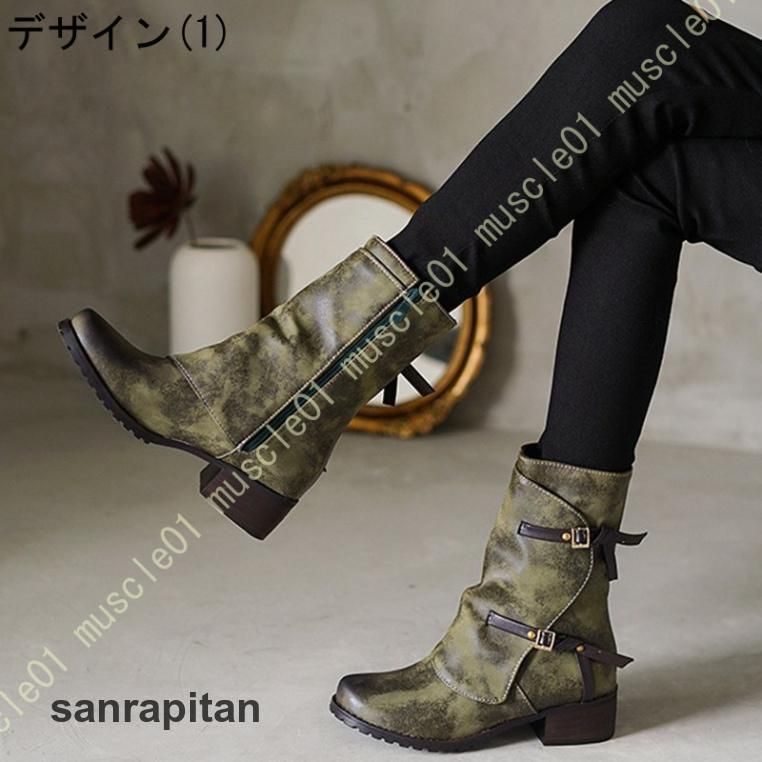 ベルト ローヒール エンジニアブーツ レディース サイドジッパー ショート くしゅくしゅブーツ 大きいサイズ ブーツ レディース 厚底 ショ