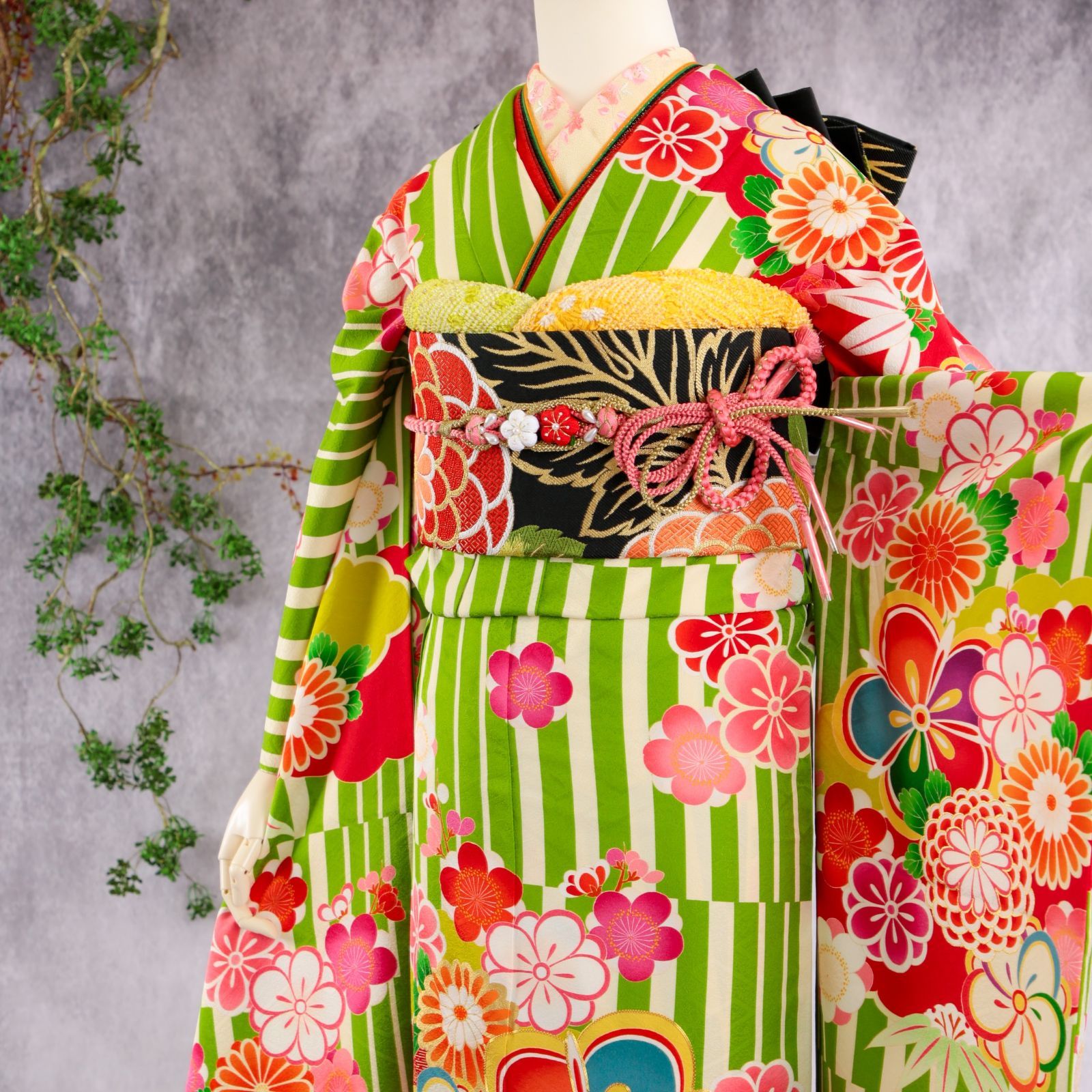 【美品】振袖フルセット 振袖フルセット 振袖セット 振袖 Lサイズ 赤×桜吹雪 美品 成人式 着物