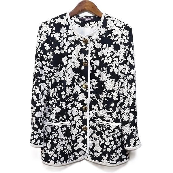 axc レオナール LEONARD ジャケット 11AR 黒 白 金ボタン ノーカラー