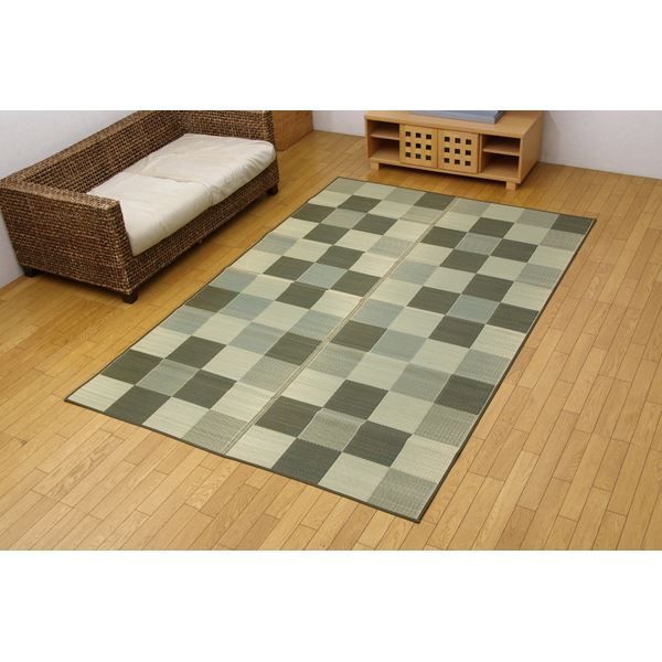 い草 花ござ/ラグマット 【ブロック柄 グリーン 江戸間8畳 約348×352cm】 日本製 耐久性抜群 抗菌 防臭 調湿 〔リビング〕【代引NG】 カーペット・マット・畳 マット