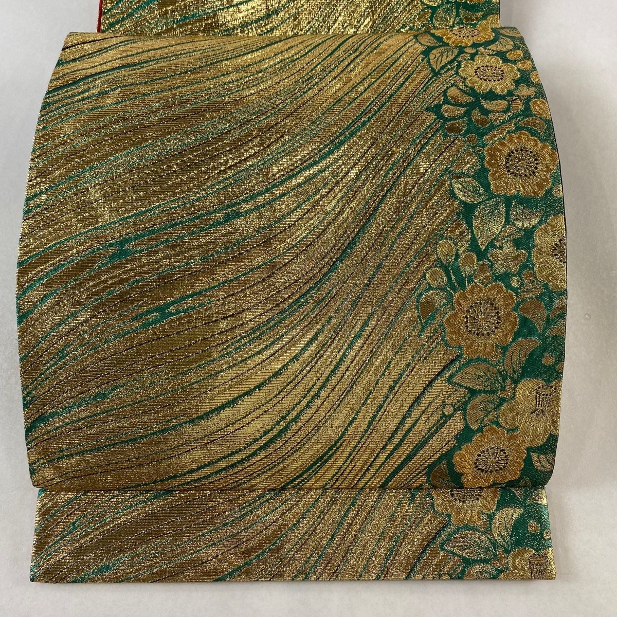 袋帯 秀品 振袖向き 草花 よろけ縞 箔 金糸 金色 全通 正絹