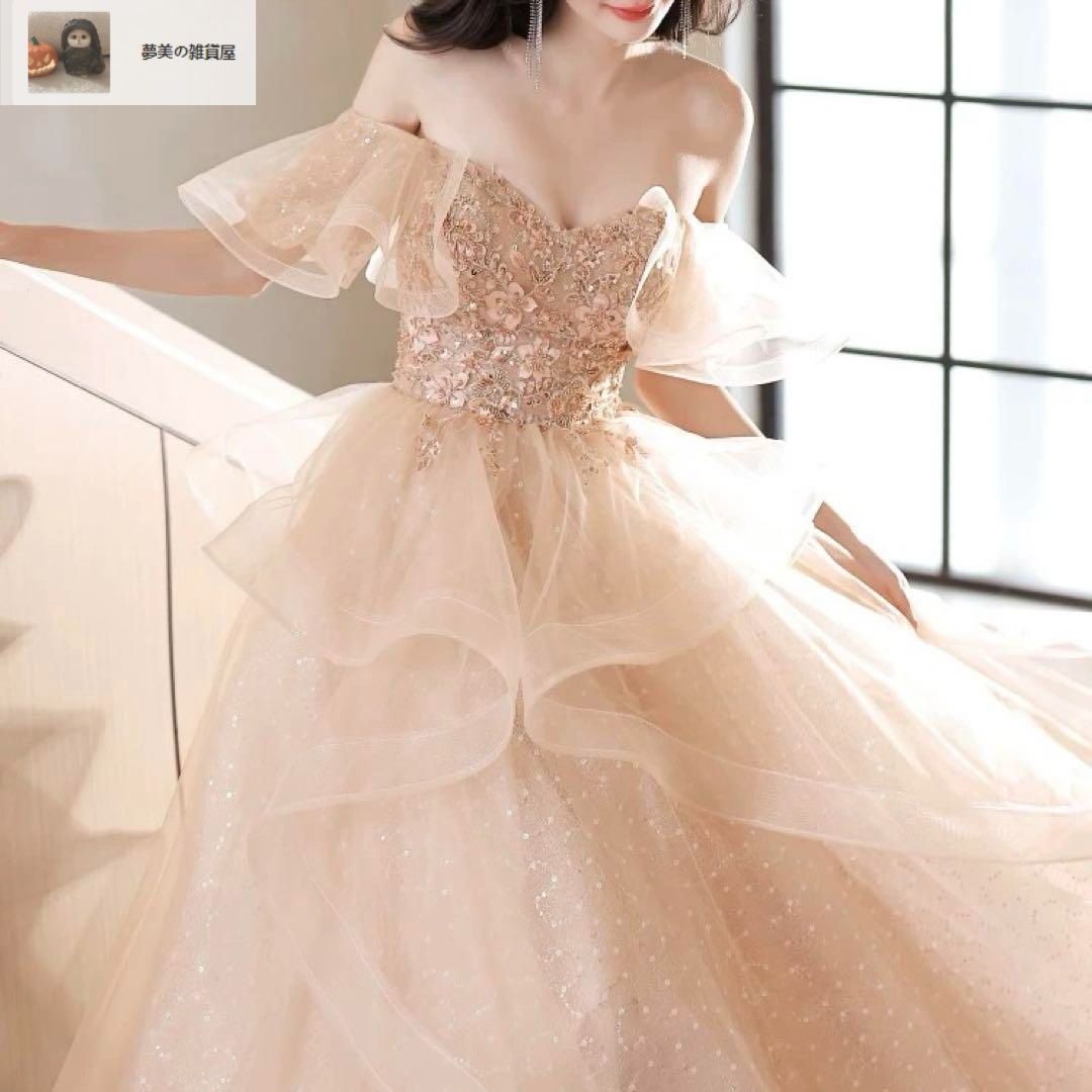 レディースファッション お花のデザインが フリルのオフショル イブニングドレス