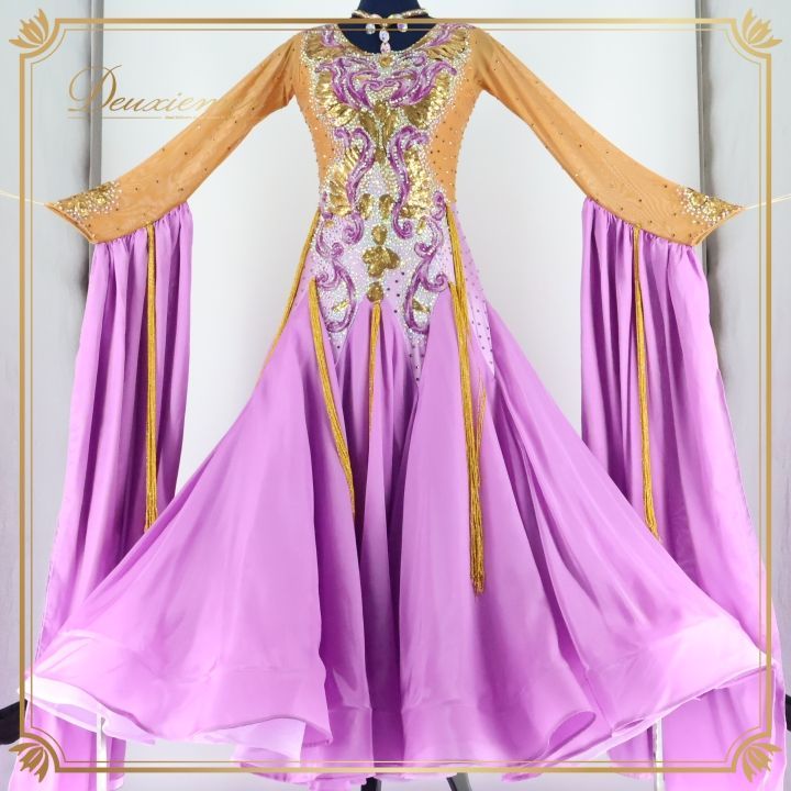 社交ダンス 衣装 ドレス ドレス ワンピース フロート 紫 ゴールド 金 上品 ラベンダー パープル系 ベージュ系 豪華 フリンジ スカート3枚重ね おしゃれ ダンスウェア フォーマル パーティ ショー用 感 レディース