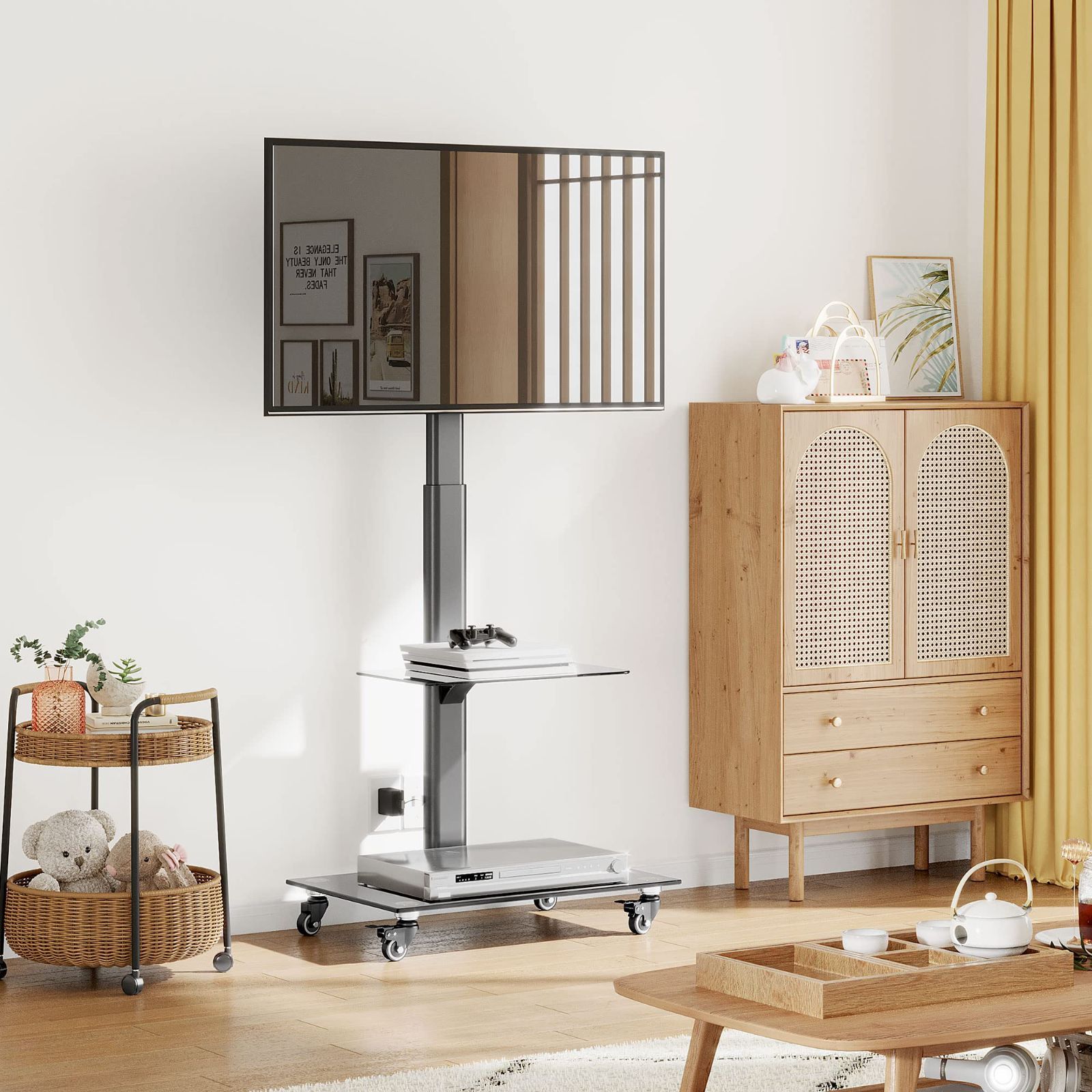 病院業務用 ビジネス 学校 家用 テレビ台 棚板付き ラック回転 ブラック 左右首振り 高さ調節 伸縮 省スペース 自立式 キャスター 液晶TVスタンド tvスタンド 縦100-400mm 黒い 横100-600mm VESA規格 壁寄せ