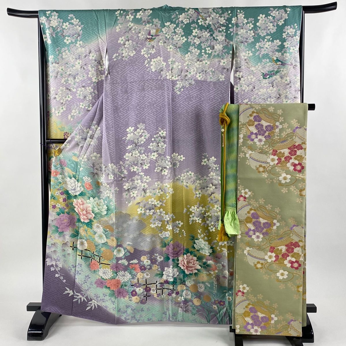 振袖 身丈163.5cm 裄丈67cm M 袷 袋帯フルセット 牡丹 桜 金彩 ぼかし 薄紫 正絹 秀品