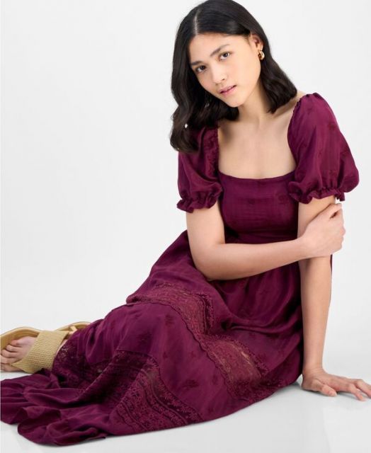 送料無料 アンドノウディス レディース ワンピース トップス Women s Square-Neck Embroidered Maxi Dress P|XXS-XXL Deep Cranberry