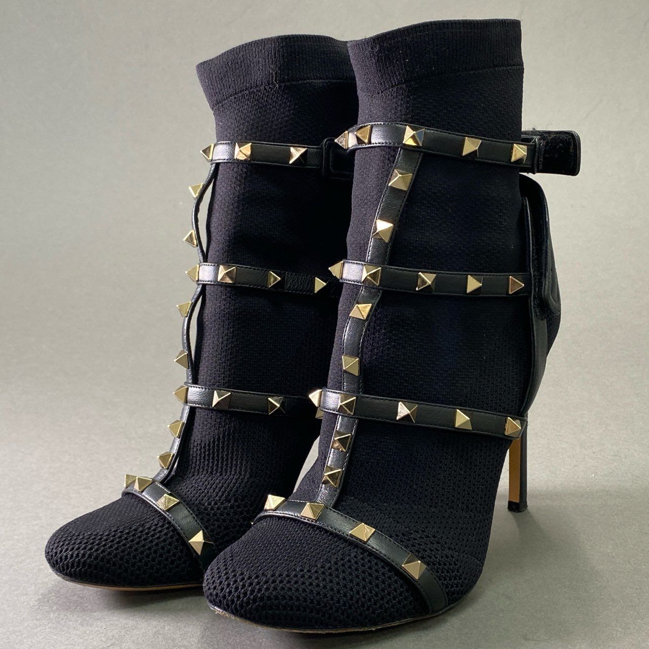 1d16 VALENTINO GARAVANI ヴァレンティノ ガラヴァーニ ロックスタッズ ソックスヒールブーツ 37 ブラック シューズ イタリア製