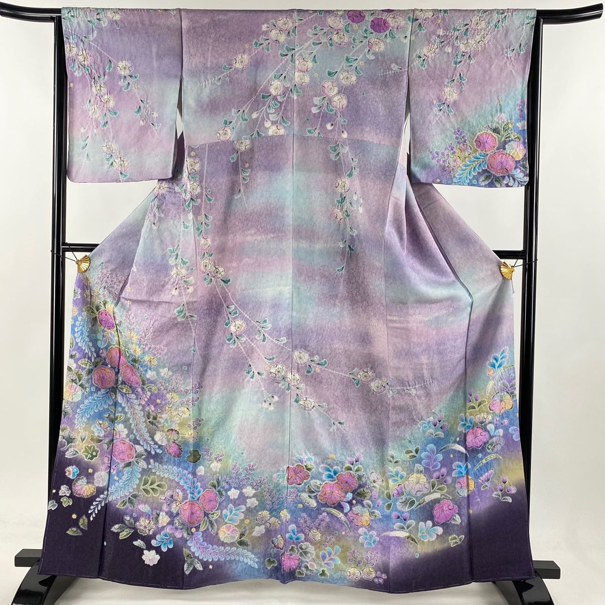 訪問着 身丈163.5cm 裄丈65cm M 袷 落款 辻が花柄 枝垂れ桜 銀通し 絞り 薄紫 正絹 名品