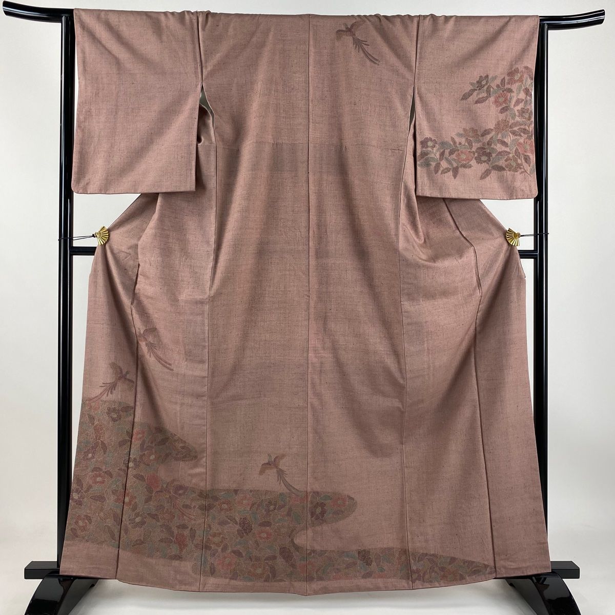 訪問着 身丈163.5cm 裄丈65cm M 袷 紬地 草花 尾長鳥 刺繍 金銀糸 薄小豆 正絹 秀品