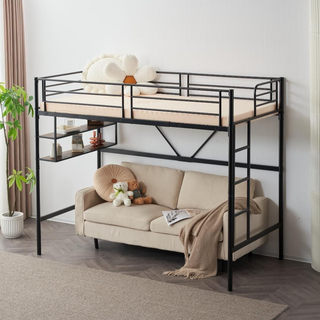 ブラックロフトベッドパイプベッド シングル木収納子供部屋スチール