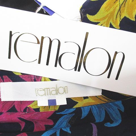 未使用品 remalon リーフ柄 葉っぱ柄 七分袖 シャツ ブラウス 紺系 ネイビー シースルー 透け感 肩パット タグ付 レディース remalon リーフ柄 葉っぱ柄 七分袖 シャツ ブラウス 紺系