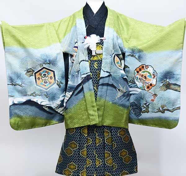 七五三 五歳 男児 羽織袴フルセット 着物 緑地 鷹 袴変更可能 NO37805 七五三 五歳 男児 羽織袴フルセット 着物 緑地 鷹 お仕立て無料 袴変更