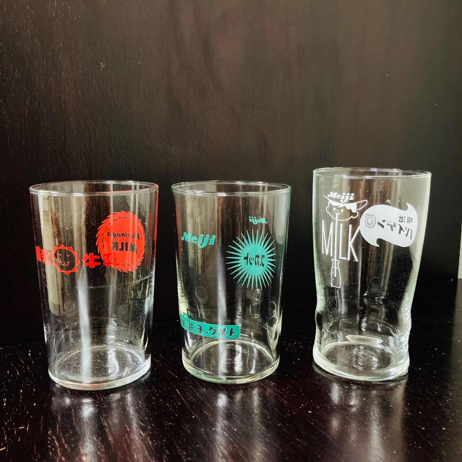 昭和レトロ 明治と森永牛乳のガラスのコップ 3コセット