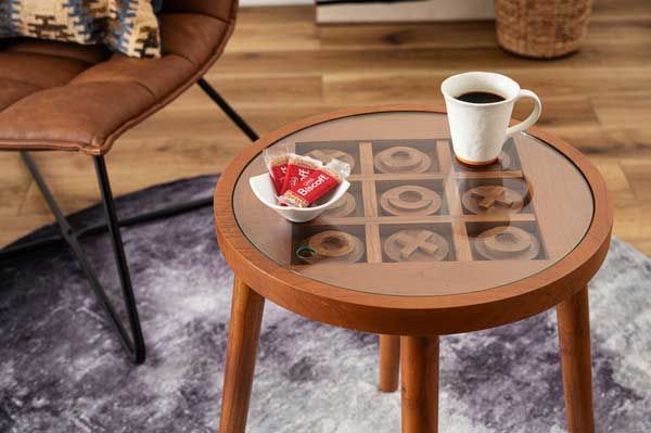 天然木 チーク のボードゲーム硝子サイドテーブル ラウンド W45×D45×H50cm No.780 ブラウン MARWIL-DEMENAGEMENTS_CH