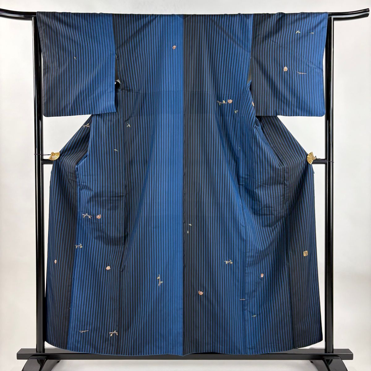 小紋 身丈158cm 裄丈64cm M 袷 紬地 落款 ミミズク 縦縞 紺色 正絹