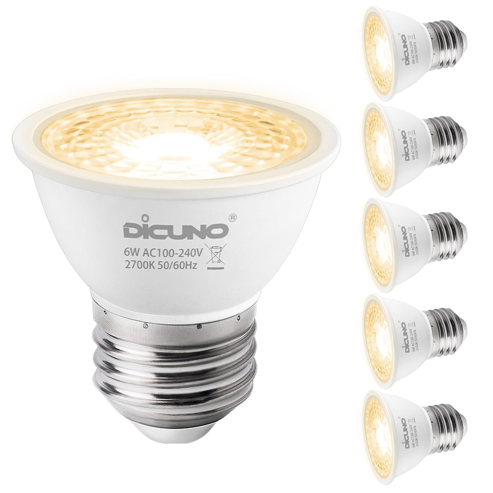 【在庫処分】スポットライト E26口金 電球色 6W 60W形ハロゲン電球相当 LEDスポットライト LED電球 2700K 660lm 広角60 高輝度 Ra90 DiCUNO AC100-240V 調光器非対応 PSE認証済み 6個入