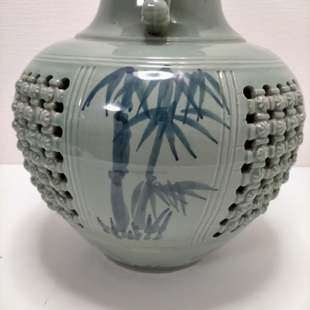 高麗青磁 壺 花瓶 花器 生花 立花 花器 像耳飾り 透かし彫り 250516-7Y 